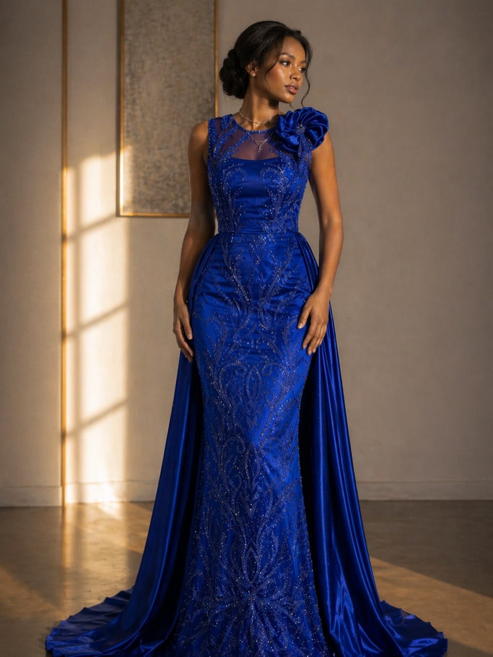 Elegant Royal Blue Evening Gown with Floral Shoulder Detail